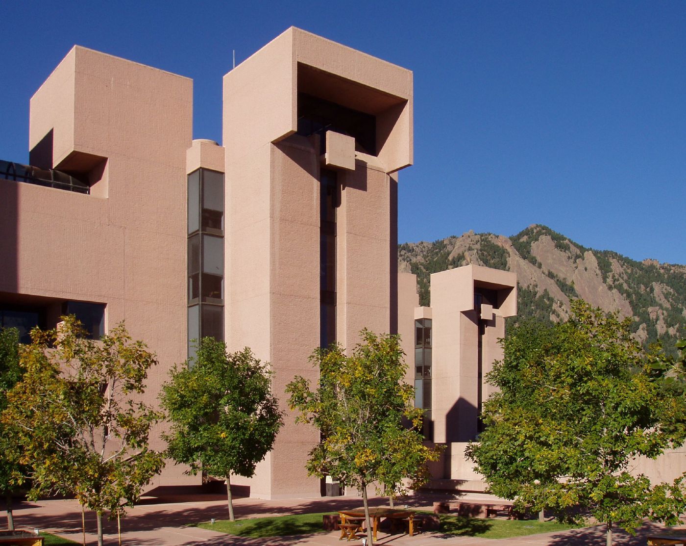 The NSF NCAR Mesa Laboratory towers, designed by I. M. Pei, with the Flatirons above Boulder behind them